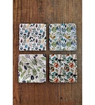 Doğal Taş Bardak Altlığı 4'lü Set - 10x10cm Yeşil Bitkiler Baskılı Bardak Altlığı - Stone Coasters