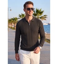 DeepSEA Erkek Slim Fit Dokulu Beyaz Triko Kazak – Fermuarlı Polo Yaka Likralı Esnek 2708505