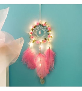 BUFFER® El Yapımı Kuş Tüyü ve Led Işıklı Dekoratif Asma Düş Rüya Kapanı