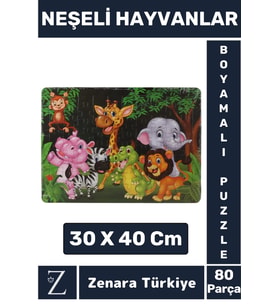 Eğlenceli Eğitici Görsel Algı Motor Becerisi Geliştiren Çocuk Boyamalı PUZZLE 80 Pr NEŞELİ HAYVANLAR