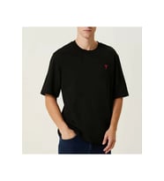 Unisex Bisiklet Yaka Baskılı Oversize T-Shirt - Siyah