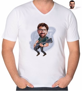 BK Gift Kişiye Özel Erkek Gitarist Karikatürlü V Yaka Tişört-1 (Beyaz)