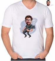 BK Gift Kişiye Özel Erkek Gitarist Karikatürlü V Yaka Tişört-1 (Beyaz)