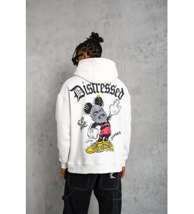 Erkek 3 İplik Pamuklu Kapüşonlu Baskılı Cepli Oversize Sweatshirt Hoodie - Beyaz