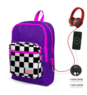 Coral High Kids Mor Dama Desenli Dört Bölmeli USB Şarjlı Kulaklık Çıkışlı Okul Sırt Çantası 23802