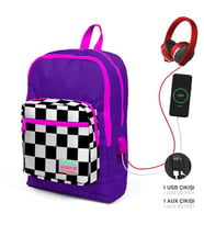 Coral High Kids Mor Dama Desenli Dört Bölmeli USB Şarjlı Kulaklık Çıkışlı Okul Sırt Çantası 23802