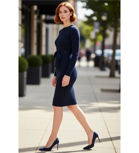 Kadın Düz Desen Akrilik Triko Midi Elbise Kuşaklı Uzun Kollu Rahat Bodycon Kesim İlkbahar Sonbahar