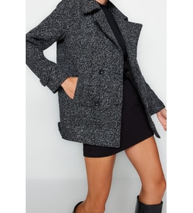 Tasarım Kırçıllı Astarlı Yaka Midi Oversize Ceket Kadın Oversize Geniş Kesim Kırçıllı Kaşe Kaban