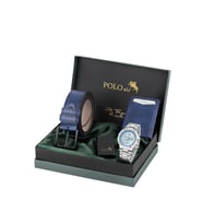 Polo Air Erkek Kol Saati Otomatik Mekanizmalı Cüzdan Kemer Çakmak Set Gümüş Mavi Renk PL-7070E2 (Mavi-Gümüş)