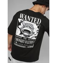 Anime One Piece Luffy Wanted Ön Arka Baskılı T-shirt (Siyah)