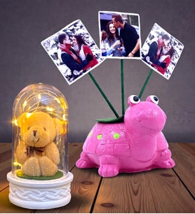 Kişiye Özel Hediye Seti 3 Fotoğraflı Sevimli Pembe Kaplumbağa ve Led Işıklı Fanus (Model 6)