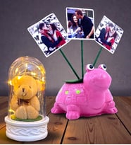 Kişiye Özel Hediye Seti 3 Fotoğraflı Sevimli Pembe Kaplumbağa ve Led Işıklı Fanus (Model 6)