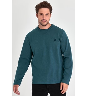Erkek Petrol Çift Bisiklet Yaka Baskı Detaylı Standart Rahat Kesim Sweatshirt