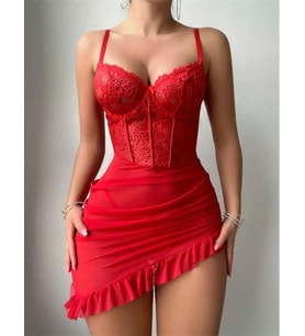 Arias Closet Fırfırlı Dantel İşlemeli Tül Fantezi Kırmızı Gecelik