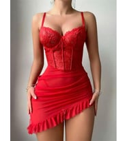 Arias Closet Fırfırlı Dantel İşlemeli Tül Fantezi Kırmızı Gecelik