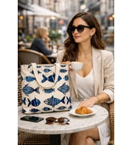 Faralya Life 42*38cm 30 cm Sap Uzunluğunda Kadın Çanta %100 Pamuk Plaj Çantası Balık Baskılı Zarif Omuz Çantası