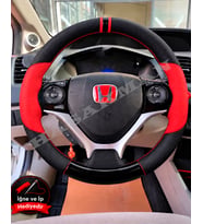 Honda Civic FB7 Dikme Direksiyon Kılıfı Parlak Siyah Kırmızı Detaylı Kırmızı Çift Yüzük ve Dikiş 2012-2016