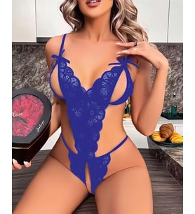 Amora Secret Mavi Dantel İşlemeli Özel Bölgesi Açık Fantezi Body