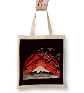 Japanese Art Volcano Stork Crane Japan Art Sakura Mountains Bez Çanta Uzun Saplı