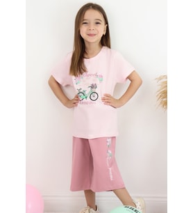 Breeze Kız Çocuk Kapri Takım Çiçek Ve Kuş Figürlü 5-10 Yaş, Pembe