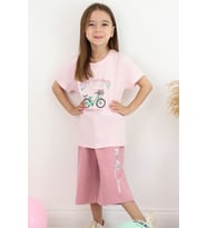 Breeze Kız Çocuk Kapri Takım Çiçek Ve Kuş Figürlü 5-10 Yaş, Pembe