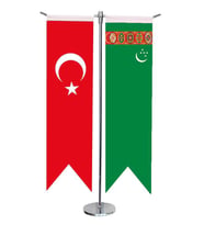 Masa Üstü Kırlangıç Türkmenistan + Türk Bayrağı + Krom T Direk Masa Bayrak Seti