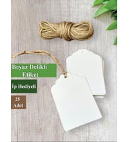 Beyaz Delikli Etiket Ürün Etiketi 25 adet / Hasır  İp Hediyeli -  Davetiye İsim Etiketi - Not Kartı product tag-T947 (Renksiz)