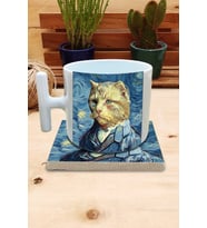 Kediler ve Sanat/Van Gogh Yıldızlı Gece The Starry Night Set 9 - T Kulplu Fincan Kupa-Taş Bardak Altlığı 5