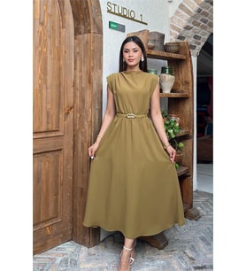 Neşeli butik kadın yeşil omuz vatkalı midi boy kemer detaylı elbise NBMY4066