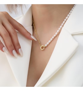925 Ayar Gümüş Barock White Tatlısu İncisi Kolye-5mm (Gold)
