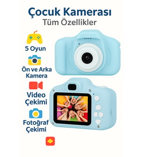 Çocuklar İçin Çift Kameralı Renkli Dijital Fotoğraf Makinesi – Video, Oyun ve Fotoğraf Özellikli (Ebru Mavi)