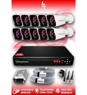 BAYICAM 10 Kameralı Kare 10 Dış Kamera Set HDD'siz Full HD Gece Görüşlü Güvenlik Kamerası Sistemi
