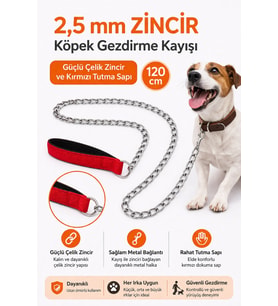 Zincir Köpek Gezdirme Kayışı Dalı Çelik &amp; Ergonomik Tutma Saplı 2,5 mm-120 cm Kırmızı