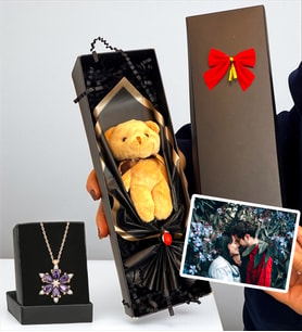Kişiye Özel Fotoğraflı Set - Peluş Ayıcık Buketli ve Gerçek Ametist Taşlı Lotus Kolye
