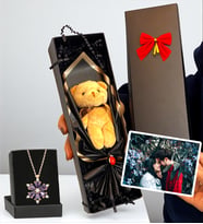 Kişiye Özel Fotoğraflı Set - Peluş Ayıcık Buketli ve Gerçek Ametist Taşlı Lotus Kolye