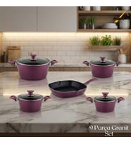 ARZU ÇELİK 9 Parça Granit Set Cam Kapak - Mürdüm