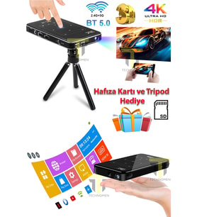 4K Mini Taşınabilir Projektör, Android Bluetooth HDMI Hafıza Kartı ve Tripod Hediye