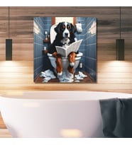 Tekli Kare Kanvas Banyo Tablosu Gazete Okuyan Bernese Mountain