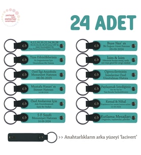Üniversite Mezuniyet Etkinliğine 24'lü Set, İsim Yazılan Hediye Deri Anahtarlık, Koyu Turkuaz & Laci