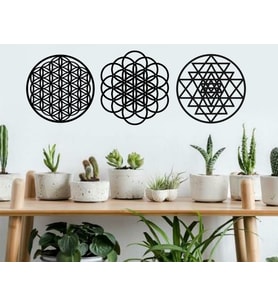 YAŞAM ÇİÇEĞİ SRİ YANTA VE TORUS 3 LÜ SET AHŞAP DUVAR DEKORU MDF TABLO (Siyah)