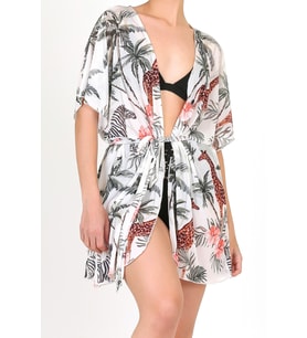 Pareo Plaj Elbisesi Kimono Std Tropikal Beyaz
