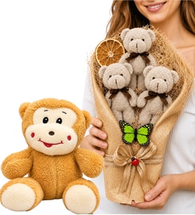 Sevimli Peluş Maymunlu ve Büyük Boy Peluş Ayıcık Buketli Hediye Seti