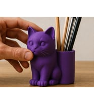 3D Baskı Kedi Figürlü Kalemlik - Masaüstü Organizer - Mor