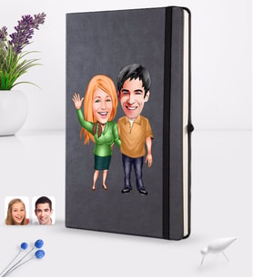 BK Gift Kişiye Özel Sevgililer Karikatürlü Siyah Termo Deri Defter 16x24cm Model 110