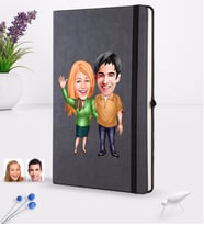 BK Gift Kişiye Özel Sevgililer Karikatürlü Siyah Termo Deri Defter 16x24cm Model 110