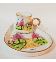 Pembe Ağaçlı Yol Ve Ev Desenli, İsme Özel, El Boyama, Türk Kahvesi Fincanı