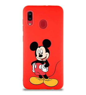 Samsung Galaxy A20 Soft Premier Kapak Mickey Mouse-E Tasarımlı Silikon Kılıf - Kırmızı (Şeffaf)
