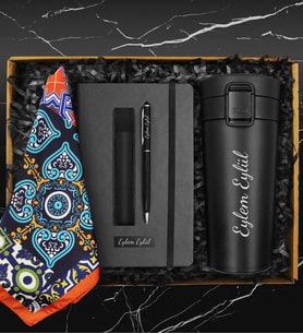 Kişiye Özel Otomatik Kilitli Termos & Fular & Defter & Deri Kılıflı Touch Pen Kalem Hediye Seti