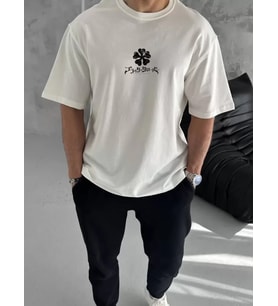 pilelistore- Unisex Bisiklet Yaka Baskılı Oversize T-Shirt - Beyaz