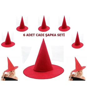 Kırmızı Keçe Cadı Şapkası 6 Adet  Yetişkin Çocuk Uyumlu Kostüm Aksesuarı